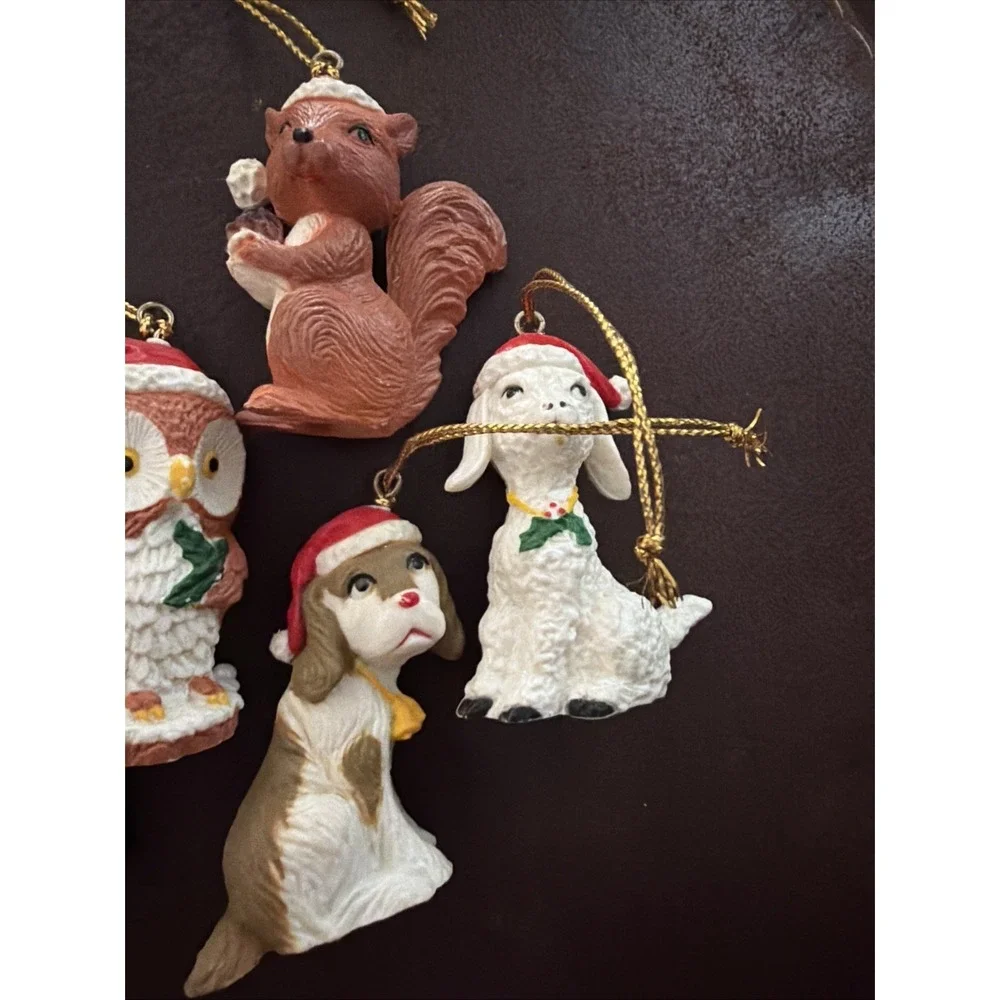 Vintage Woodland Animal Ornaments Lot of 5 Santa Hat Critters Christmas Tree